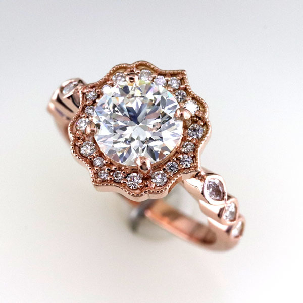 Custom styled halo rose gold ring 1