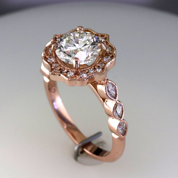 Custom styled halo rose gold ring 2