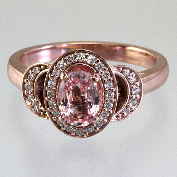 Peach sapphire oval halo engagement ring 0