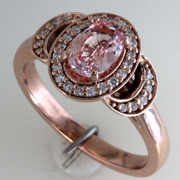 Peach sapphire oval halo engagement ring 4